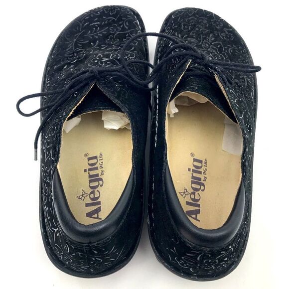 Alegria Bree Black Leather Floral Tooled Lace Up Sprigs Support Oxford Shoes - Picture 10 of 16